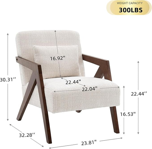 Mid-Century Modern Accent Chair with Solid Wood Frame,Upholstered Chenille Living Room Arm Chairs with Pillow for Bedroom, Living Room, Reading Room, Balcony, Beige