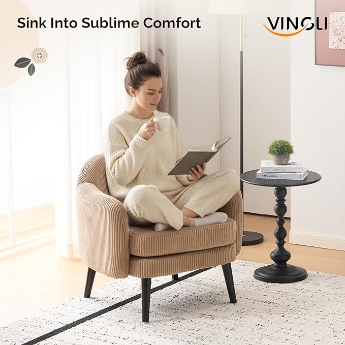 VINGLI 30.3" Wide Modern Barrel Accent Armchair with Track Armrest, Solid Wooden Legs, Comfy Upholstered Club Chair, Round Single Home Sofa for Living Room, Bedroom, Reading Room, Corduroy Khaki