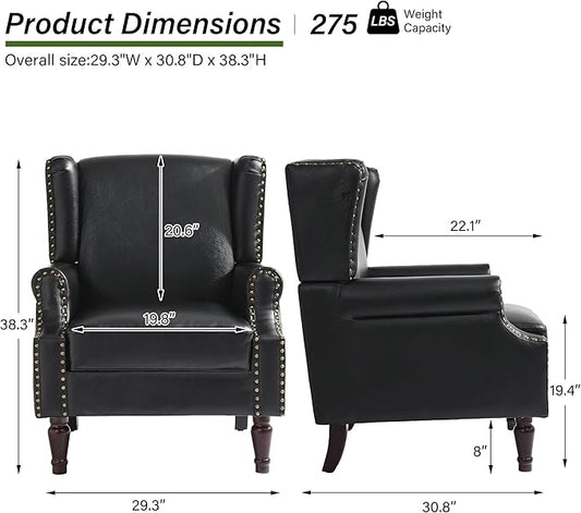 Accent Chair, Upholstered High Back Armchair with Nailhead Trim & Wood Legs, Comfy Wingback Reading Single Sofa Chair for Small Spaces, Living Room, Bedroom (Leather Black, Set of 1)