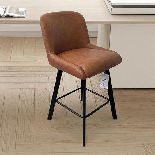 Swivel Bar Stools Set of 6, 26''H Upholstered Barstools with Backs, Modern Counter Height Bar Stool Chairs for Kitchen Island, Metal Legs, Faux Leather, Brown Counter Stools