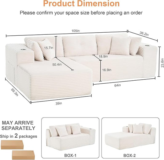 Modular Sectional Sofa, L Shaped Comfy Cloud Couch with Deep Seat, Boneless Couch for Living Room, Modern Sectional Sleeper with Chaise, No Assembly Required, Sofa in A Box, Beige Corduroy