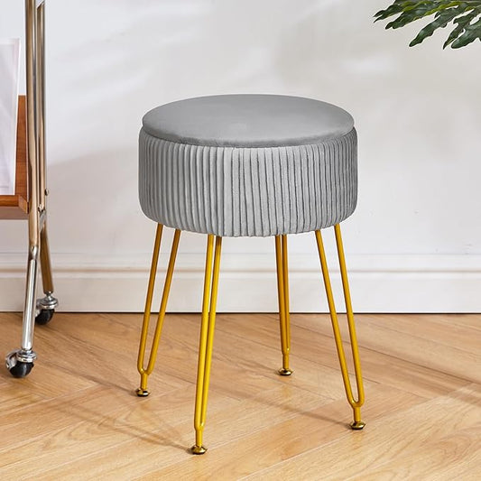 IBUYKE Velvet Storage Footrest Stool Ottoman, Makeup Vanity Stool Side Table with Golden Steel Legs Removable Cover, Coffee Table Top Cover, Grey LG-20G