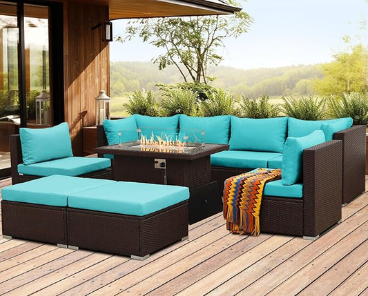 NICESOUL Large Outdoor Patio Furniture Set with Firepit Propane/Natural Gas, High-End Deep Seats Wicker Modular Sectional Sofas for 8, 29.3'' High Back Conversation Sets, Brown Rattan and Teal Cushion