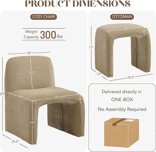 Accent Reading Chair with Ottoman, Chenille Upholstered Comfy Armless Accent Chair with Footrest Modern Side Lounger for Living Room Bedroom, Khaki