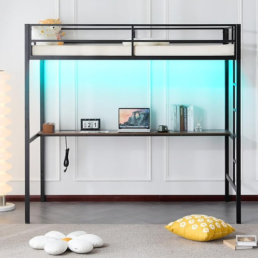 Karl home Twin Metal Loft Bed with Desk, with Power Outlet and LED Lighted, Safety Guardrail & Ladder, Space Saving, No Noise, No Box Spring Needed, Black&Brown