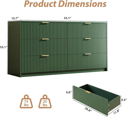 Green 6 Drawer Dresser for Bedroom, 55" Wide Modern Chest of Drawers with Gold Metal Handles, Fluted Wood TV Stand for Living Room, Hallway