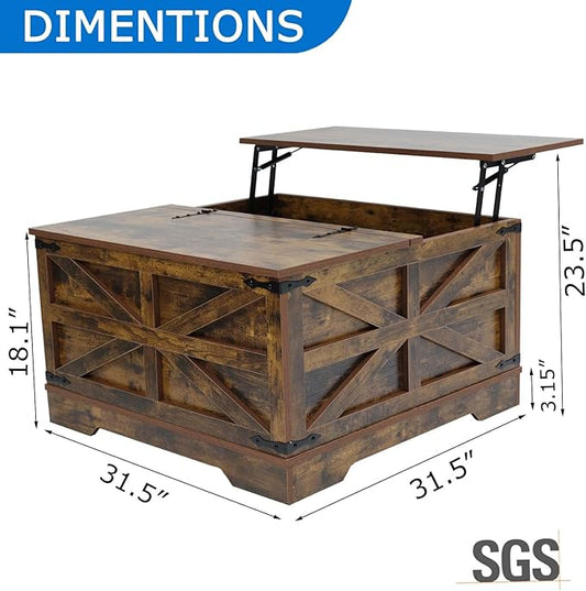 Lift Top Coffee Table, 31.5" Square Coffee Table with Storage, Farmhouse Coffee Tables for Living Room, Cocktail Tables with Large Hidden Compartment, Rustic Brown