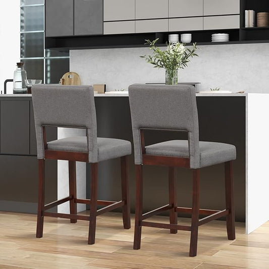 COSTWAY Bar Stools Set of 2, Linen 24.5 Inch Counter Height Chairs with Hollowed Backs, Rubber Wood Legs, Upholstered Barstools for Kitchen Island Home Bar Pub Dining Room, Grey