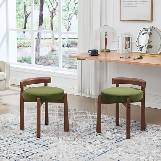 Modern Vanity Chair Upholstered Small Ottoman Footstool, Make Up Stool Velvet Fabric with Backrest Wooden Frame for Living Room Bedrooms, 2PCS, Green