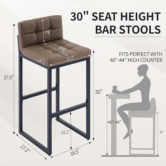 Set of 3 Bar Stools with Back, Modern Bar Height Barstools with Thickened Metal Legs, 30" Faux Leather Counter Chairs for Kitchen Island, Bar, Counter (Coffee Brown, 3Pcs 30" Bar Stools)