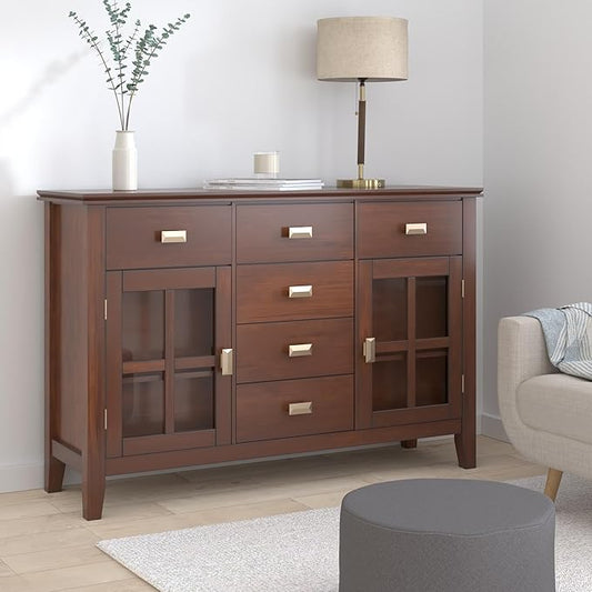 SIMPLIHOME Artisan Buffet - 54 inch Wide Solid Wood 3-Door Sideboard Buffet in Russet Brown, Transitional Storage Cabinet for Dining Room or Kitchen with Adjustable Shelves and Bronze Hardware