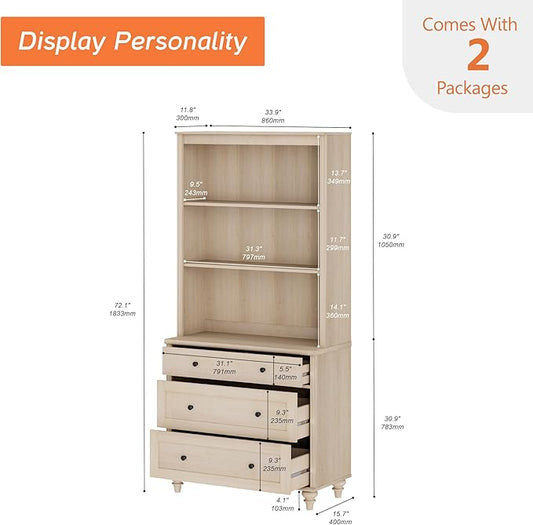 WAMPAT 3 Tier Bookshelf with 3 Drawers, 72" Tall Bookcase Large Farmhouse Display Book Case Shelf with 3-Tier Open Book Shelfs,Library Wood Bookshelves for Living Room,Kitchen, Light Oak
