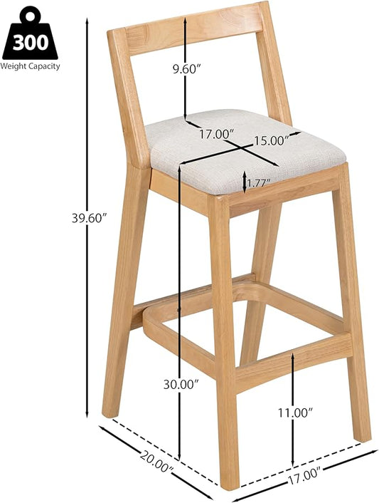 Christopher Knight Home Yone Counter Height Bar Stools Set of 2, Comfy Fabric Upholstered Bar Stool for Kitchen Island, Wooden Dining Room Chair, Barstools with Footrest/Backrest, Beige + Natural