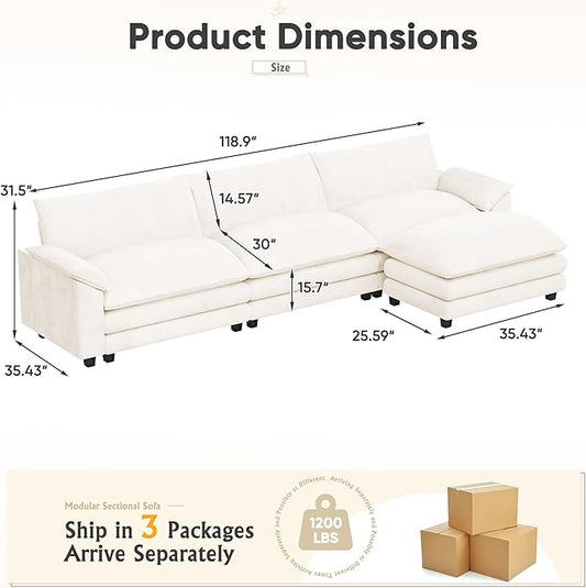Furniwell Modular Sectional Sofa with Moveable Ottoman, Oversized 3-Seater Couch with Supportive Backrest, Chenille Convertible Sofa Couches for Living Room/Apartment (Whtie, L Shaped)
