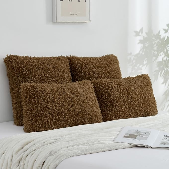 FUTEI Brown Decorative Throw Pillow Covers 18x18 Inch Set of 2,Soft Fluffy Faux Wool Fur Boucle Textured Cushion Case,Modern Home Decor for Couch Bed Living Room Office