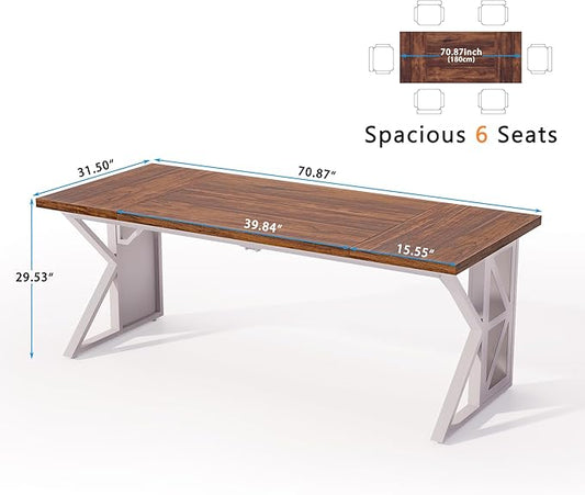 70.8" Large Home Office Compute Desk,Modern Heavy-Duty Excutive Office Desk,Workstation Write Table for Home Rustic Brown Table-top/White Metal Frame with Mirrors