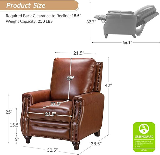 HULALA HOME Genuine Leather Manual Recliner Chair,Classic Push Back Reclining Armchair Sofa with Thick Seat, Adjustable Backrest & Nailhead Trim for Living Room Home Theater (Brown)
