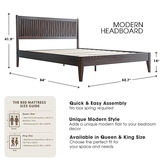 Queen Size Bed Frame with Headboard & Footboard, Solid Wood Platform Bed, Central Metal Legs, 12 Sturdy Slats, Under Bed Storage, Easy Assembly, Noise-Free & Anti-Slip, Dark Roast Oak Finish, OLQ-32