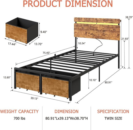 Forestell Twin Bed Frames with Wood Headboard, Metal Platform Bed with 2 Storage Drawers & Shelf, Built in Charging Station & LED Lights, No Box Spring Needed, Vintage Brown, Camas Twin Size