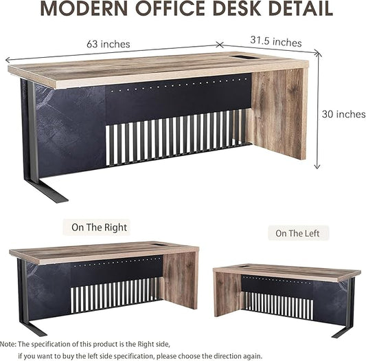 63 Inch Modern Executive Office Desk, Computer Writing Desk for Home Office, Business Furniture Workstation Stainless Steels Sturdy Frame 1.97IN Thick Desktop(Right, 63×31.5×30 in)