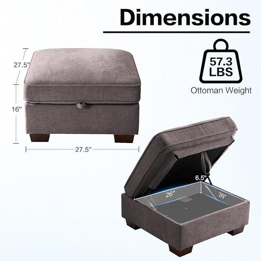 TEKAMON 27.5" Storage Ottoman, Square Footrest with Sponge Padded Seat, Chenille Fabric Step Stool for Sofa, Bedroom, Living Room, Entryway, Modern Change Shoes Stool, Wood Legs,(Dark Grey)