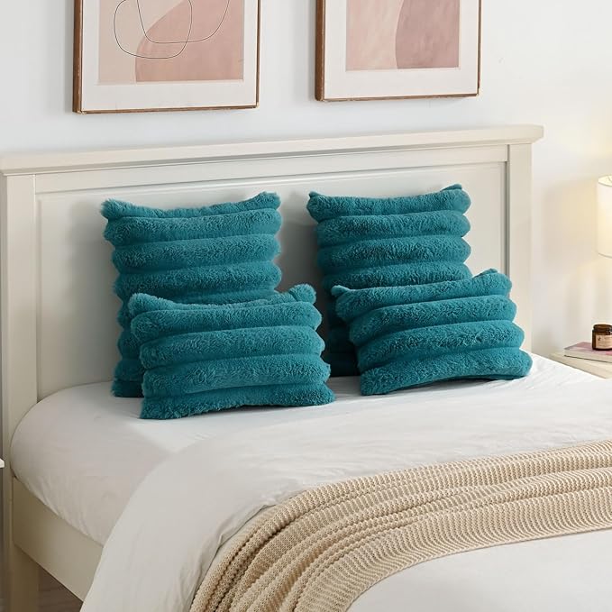 FUTEI Teal Decorative Throw Pillow Covers 18x18 Inch Set of 2, Square Soft Faux Rabbit Fur Thick Striped Cushion Cover,Winter Home Decor for Couch Bed Living Room