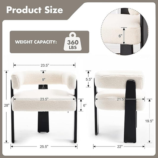 Modern Boho Dining Chairs Set of 4, White Boucle Upholstered Barrel Armchairs with Plush Teddy Fabric, Solid Black Wooden Legs, Mid-Century Accent Chairs for Dining Room, Living Room, Kitchen