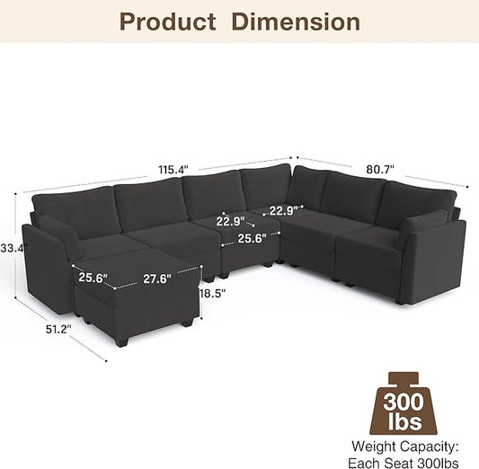 Modular Sectional Sofa Couches, Large Convertible Modular Couches With Storage, 7-Seater Sectional Sofa For Living Room, U Shaped Sectional Couch Sleeper Sofa With Chaise (DarkGrey, 7 Seats)