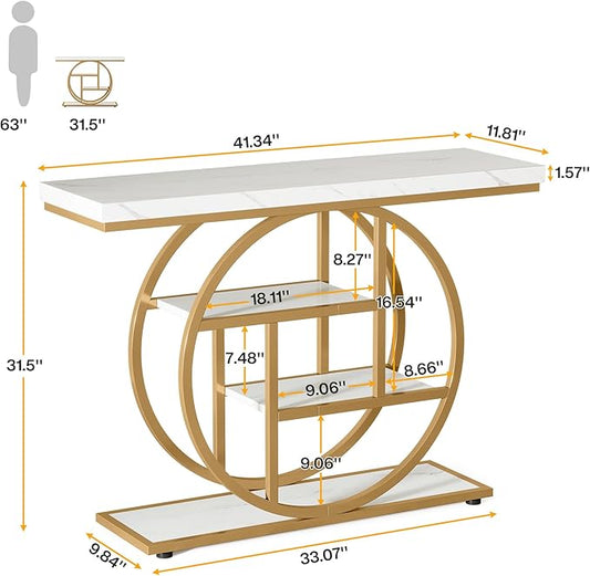 Tribesigns 41.3" Console Table, Industrial 4-Tier Sofa Entryway Table with Circle Base, Narrow Wood Accent Tables with Storage Shelves for Living Room, Hallway, Foyer, White Gold