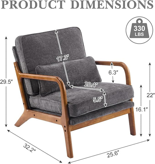 Karl home Mid Century Modern Accent Chair with Lumbar Pillow & Oak Arms – Plush Chenille Living Room Chair for Bedroom, Lounge (Gray)