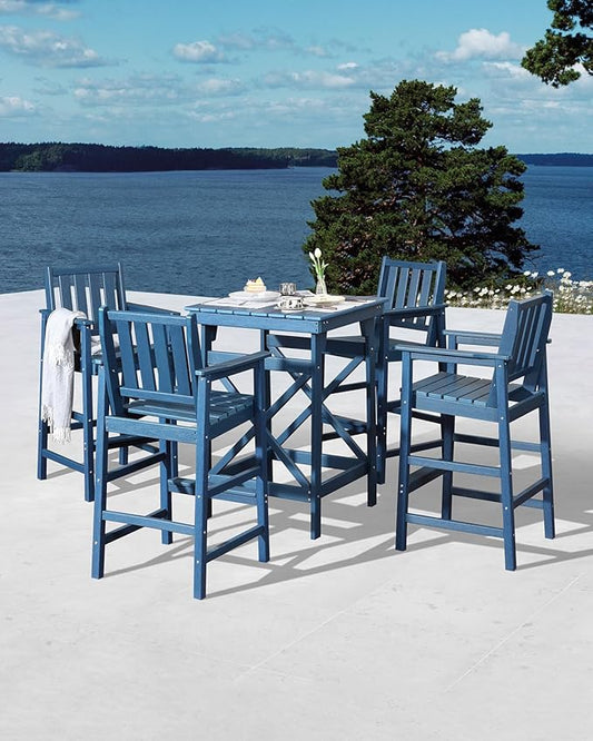 5 Pieces Adirondack Bar Chairs Set, HDPE Patio Bar Height Table and Chairs, Tall Adirondack Outdoor Bar Stools Set, HDPE Patio Bar Table Sets Furniture for Poolside, Balcony, Garden, Navy
