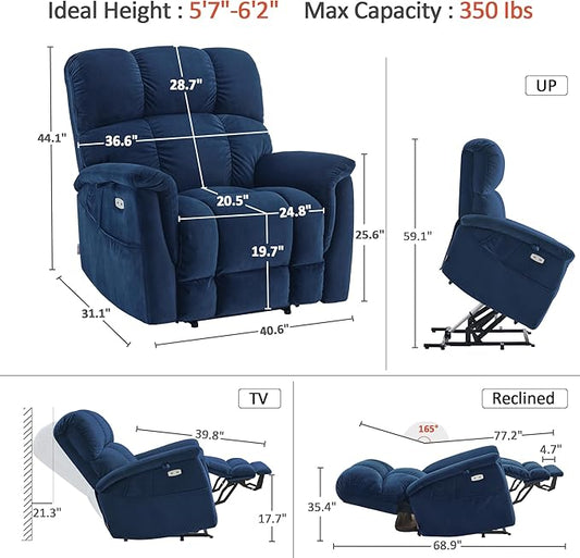 MCombo Large-Wide Dual Motor Power Lift Recliner Chair, Massage and Dual Heating for Elderly People, Infinite Position, Fabric R7166 (Navy Blue)