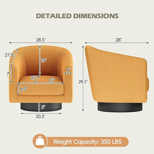 360° Swivel Accent Chairs, Modern Bucket Chair, Corduroy Barrel Armchair, Comfy Boucle Chair, Single Sofa for Living Room Bedroom. Orange