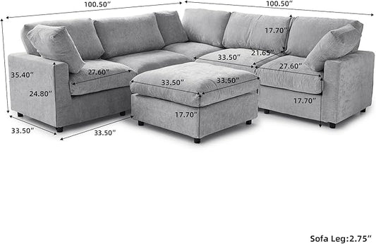 WJShome Modern V Shaped Sectional Couches for Living Room,100 Inch 5-Seater Chenille Deep Seat Modular Sofa with Ottoman, Cloud Couch for Bedroom and Apartment,Gray