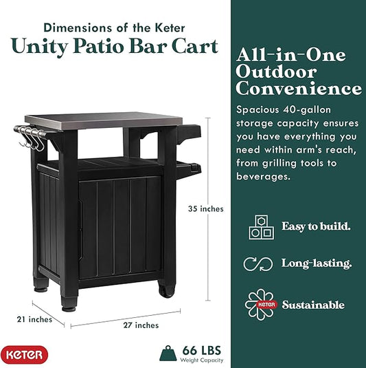 Keter Unity Portable 40 Gal Outdoor Table and Storage Cabinet w/Accessory Hooks, Stainless Steel Top for Patio Kitchen Island or Bar Cart, Dark Brown