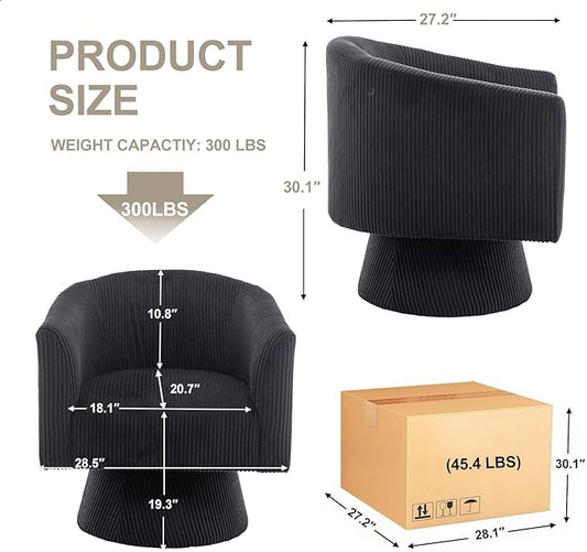Swivel Accent Chair, Modern 360° Swivel Barrel Chair, Corduroy Upholstered Single Sofa for Living Room, Bedroom(Black)