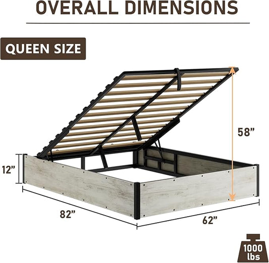 Lift Up Storage Bed Frame, Queen Size Wooden Platform Bed with Large Storage Underneath, No Box Spring Needed, Noise Free, Distressed White