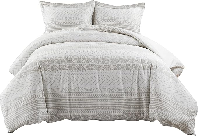 Lush Decor Hygge Geo Reversible 3 Piece Cotton Duvet Set, King, Taupe & White