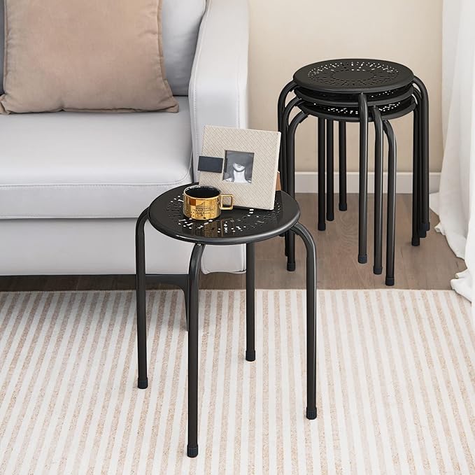 COSTWAY 6-Pack Steel Stack Stools, 17.5-Inch Height Portable Stackable Backless School Stools with Daisy Design, Round Classroom Decoration Stools Set of 6 for Kids Children Students, Black