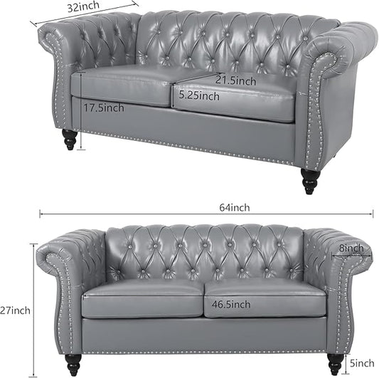 Chesterfield Loveseat Sofa, Modern Leather Small Sofa Couch 2 Seater with Rolled Arms and Nailhead, Mid Century Modern Loveseat Couch for Small Spaces Living Room Bedroom Apartment, Grey