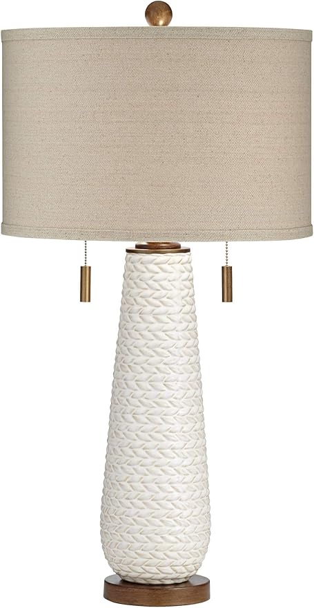 Possini Euro Design Kingston Mid-Century Modern Table Lamp with USB Charging Port 32.75" Tall White Ceramic Taupe Fabric Drum Shade for Living Room Bedroom House Bedside Nightstand Home Office