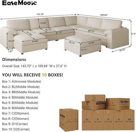 EASE MOOSE Modular Sectional Sofa, Oversized Faux Leather Sectional with Ottoman, Wide Deep Modular Couch, Scratch Resistant Faux Leather Material, U Shaped Couch for Big Spaces, Beige