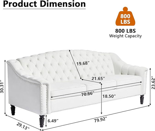 LEVNARY Mid-Century Modern Velvet Sofa, 80" Large Upholstered Sofa with High Back, Chesterfield Couch Sleeper Settee with Solid Wood Legs, Tufted 3 Seater Wide Couches for Living Room Office (White)