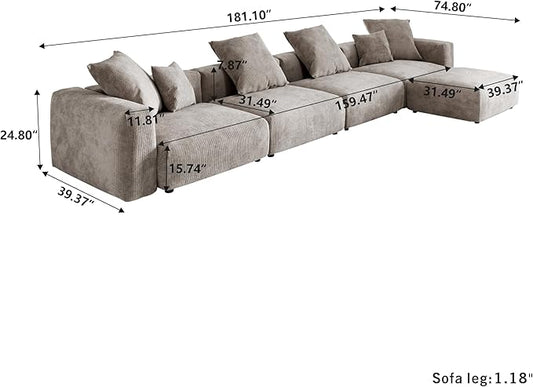 Oversized Modular Sectional Sofa with Ottomans,5 Seater Corduroy L Shaped Reversible Corner Couch,181.1" Convertible Sofa & Couch Free Combination for Living Rooom,Brown
