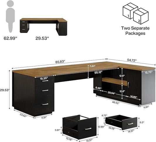 Tribesigns 85.8-Inch L-Shaped Executive Office Desk with File Drawers & Storage Cabinet, Professional Corner Computer Desk Extra Large Business Workstation with Adjustable Shelves (Light Brown&Black)