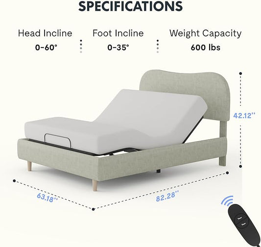 FLEXISPOT Queen All-in-One Adjustable Bed with Linen Upholstered Bed Frame, Soft Cloud Bed with Head & Foot Incline, Adjustable Headboard, Thick Foam Padding, 10-Year Warranty, Easy Assembly, Sage