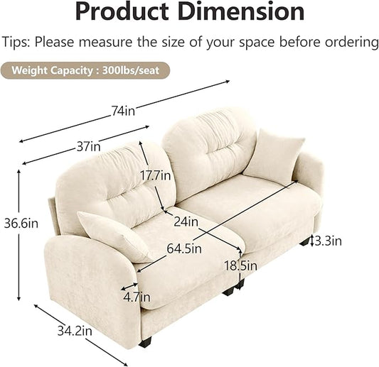 74" Loveseat for Living Room, Comfy Chenille Fabric Cloud Sectional Couch, Modern Upholstered Deep Seat Sofa with Armrest Pillow, Two Seater Couch for Small Spaces, Beige