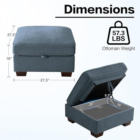 TEKAMON 27.5" Storage Ottoman, Square Footrest with Sponge Padded Seat, Chenille Fabric Step Stool for Sofa, Bedroom, Living Room, Entryway, Modern Change Shoes Stool, Wood Legs, (Blue)