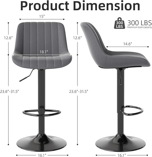 Youhauchair Bar Stools Set of 2, Swivel Counter Height Barstools with Back, Adjustable PU Leather Bar Chairs, Modern Armless Kitchen Island Stool, Dark Grey