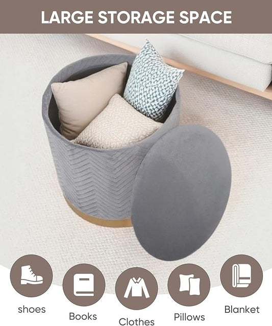 B FSOBEIIALEO Ottoman with Stroage, Round Velvet Storage Ottoman with Gold Plating Base,Foot Rest Stool for Dorm Room, Living Room Grey, 16.73"x16.73"x17.72"